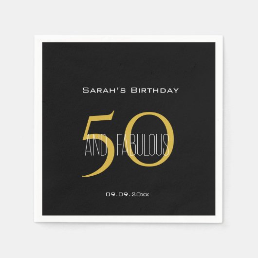 50とモダン素晴らしいブラックと金ゴールド誕生日 スタンダードカクテルナプキン (正面)