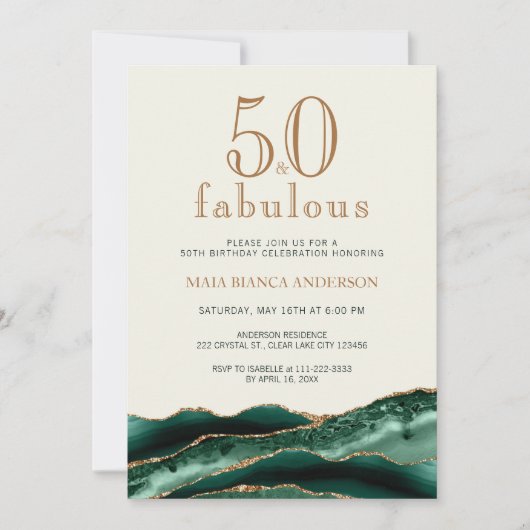 50と素晴らしいエメラルドグリーンアゲート50誕生日 招待状 (正面)
