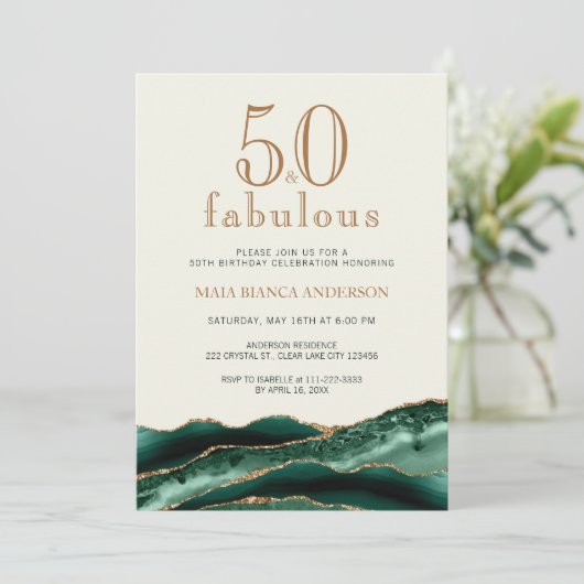 50と素晴らしいエメラルドグリーンアゲート50誕生日 招待状 (スタンド正面)