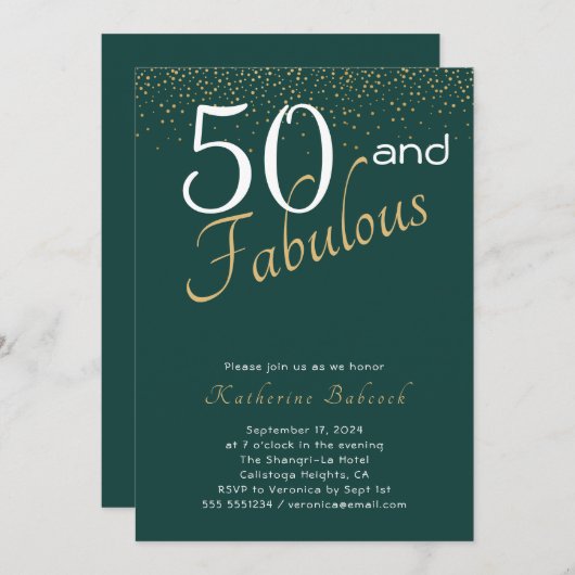 50と素晴らしいエメラルドグリーン金ゴールド50th誕生日  招待状 (正面/裏面)