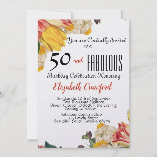 50と素晴らしいエレガントな誕生日パーティー 招待状 (正面)