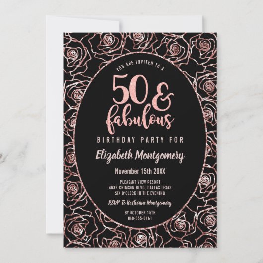 50と素晴らしいエレガントバラ金ゴールド誕生日パーティー 招待状 (正面)