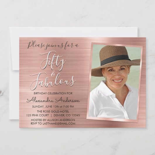 50と素晴らしいエレガントバラ金ゴールド赤面ピンク写真 招待状 (正面)