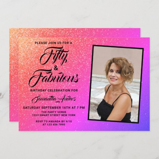 50と素晴らしいエレガントピンクの写真誕生日 招待状 (正面/裏面)