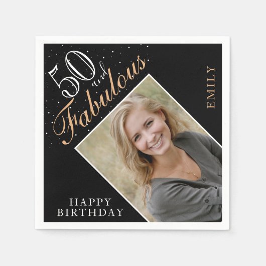 50と素晴らしいエレガントフォトブラック50誕生日 スタンダードカクテルナプキン (正面)