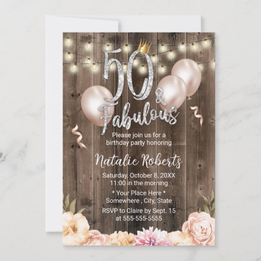 50と素晴らしいエレガントフローラクイーン50誕生日 招待状 (正面)