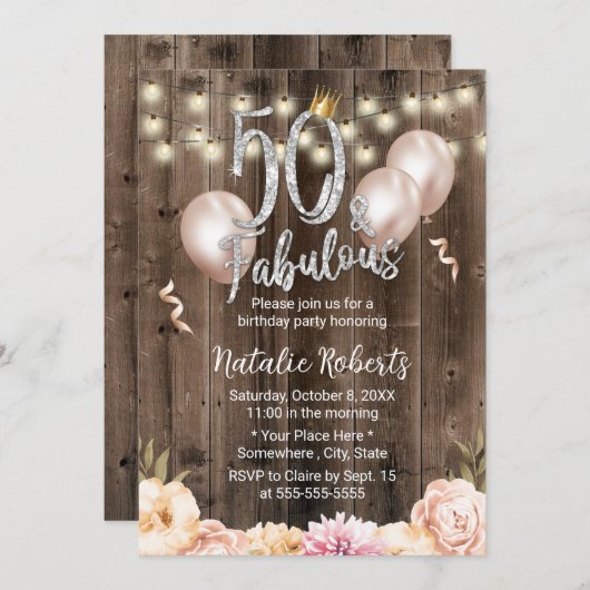 50と素晴らしいエレガントフローラクイーン50誕生日 招待状 (正面/裏面)