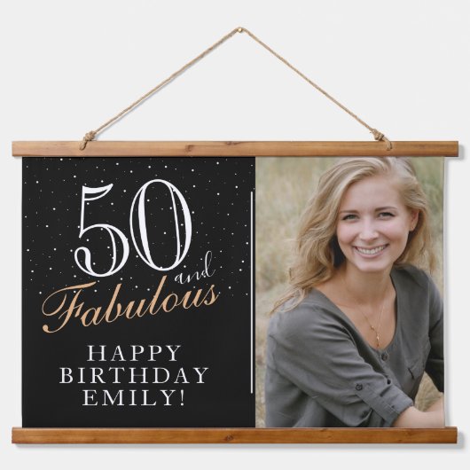 50と素晴らしいエレガントブラック50th誕生日写真 吊り下げ型タペストリー (正面)