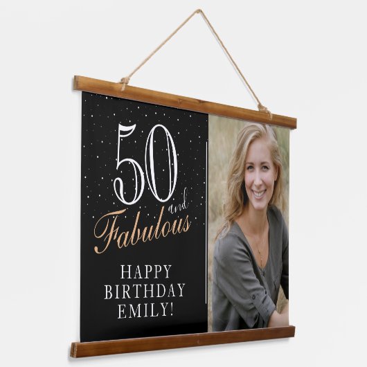 50と素晴らしいエレガントブラック50th誕生日写真 吊り下げ型タペストリー (傾斜あり)