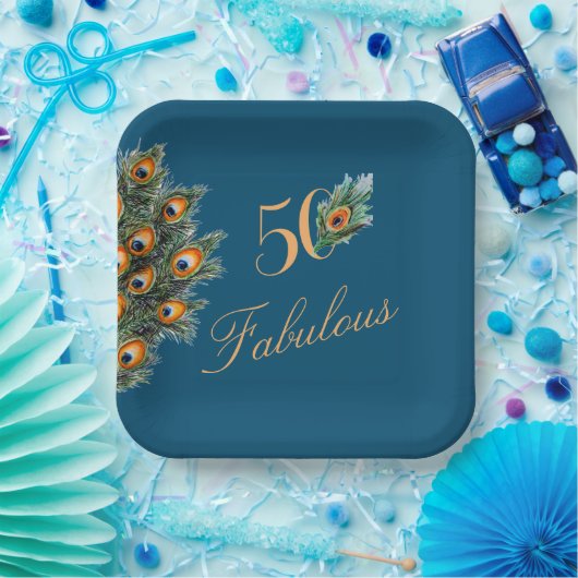 50と素晴らしいエレガント孔雀の羽誕生日 ペーパープレート (パーティー)