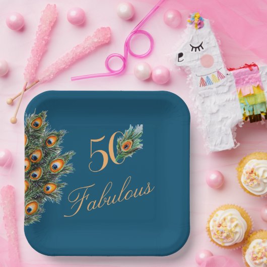 50と素晴らしいエレガント孔雀の羽誕生日 ペーパープレート (パーティー)
