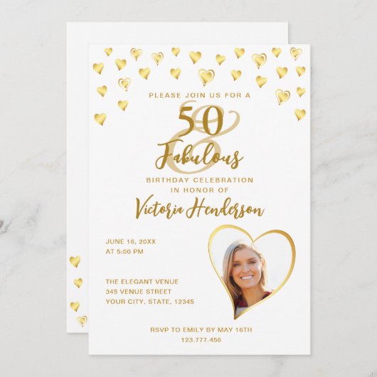 50と素晴らしいエレガント白と金ゴールド誕生日 招待状 (正面/裏面)