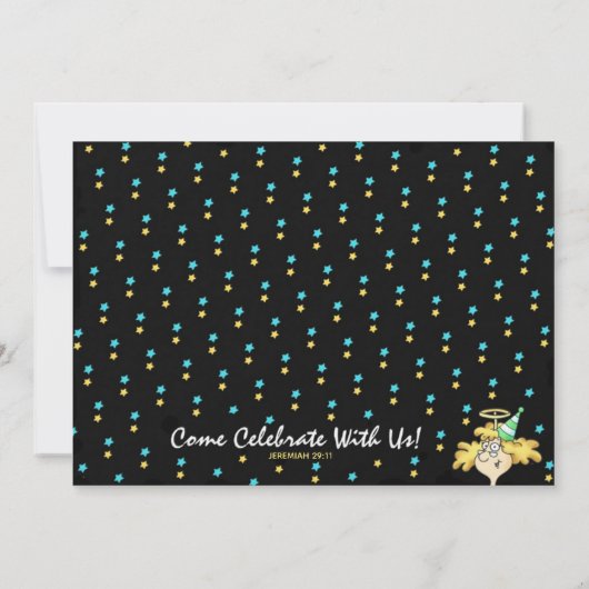 50と素晴らしいエンジェル漫画の写真誕生日 招待状 (裏面)