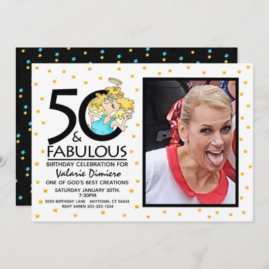 50と素晴らしいエンジェル漫画の写真誕生日 招待状 (正面/裏面)