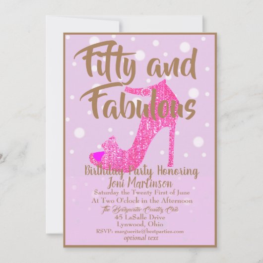 50と素晴らしいガーリースパークリー熱ピンク金ゴールド文字 招待状 (正面)