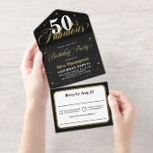 50と素晴らしいグラマラスな金ゴールド誕生日パーティー オールインワン招待状 (切り取り部)