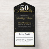 50と素晴らしいグラマラスな金ゴールド誕生日パーティー オールインワン招待状 (内側)