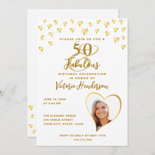 50と素晴らしいグラムホワイトと金ゴールドフォト誕生日 招待状 (正面/裏面)