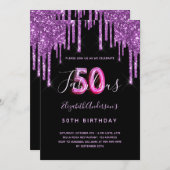 50と素晴らしいグリッターの黒い紫の釉薬を滴下 招待状 (正面/裏面)