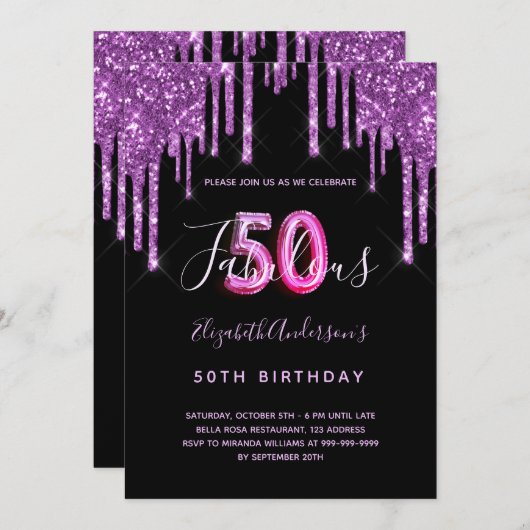 50と素晴らしいグリッターの黒い紫の釉薬を滴下 招待状 (正面/裏面)