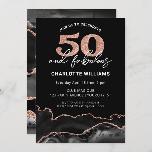 50と素晴らしいグリッターバラ金ゴールド50誕生日 招待状 (正面/裏面)