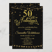 50と素晴らしいグリッター金ゴールドブラック誕生パーティー 招待状 (正面/裏面)