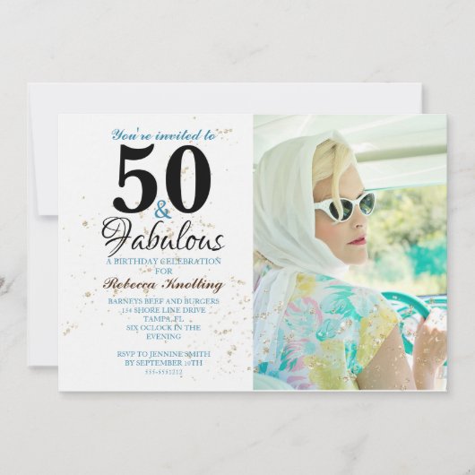 50と素晴らしいゴールデン誕生祝い写真 招待状 (正面)