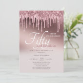 50と素晴らしいサプライズピンクグリッター誕生日 招待状 (スタンド正面)