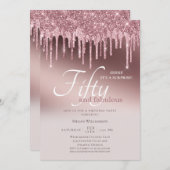 50と素晴らしいサプライズピンクグリッター誕生日 招待状 (正面/裏面)