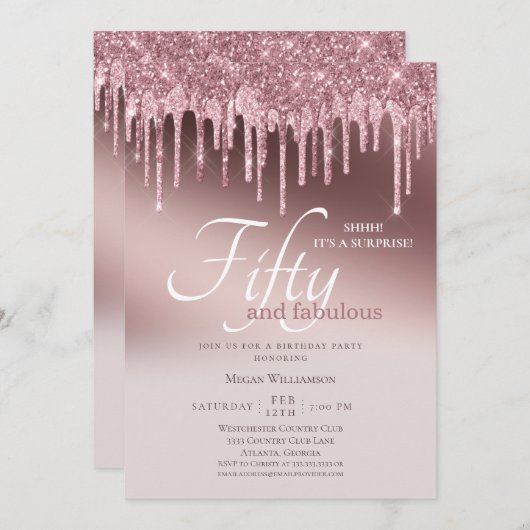 50と素晴らしいサプライズピンクグリッター誕生日 招待状 (正面/裏面)