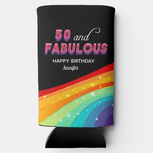 50と素晴らしいシックなカスタムレインボーバースデーパーティー スリム缶クーラー (裏面)