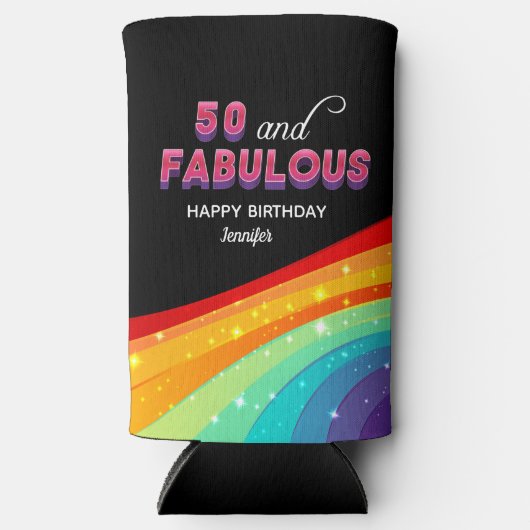 50と素晴らしいシックなカスタムレインボーバースデーパーティー スリム缶クーラー (正面)