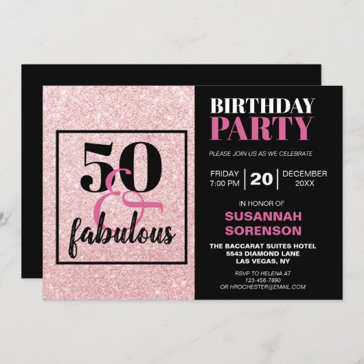 50と素晴らしいシックなピンクグリッター誕生日パーティー 招待状 (正面/裏面)