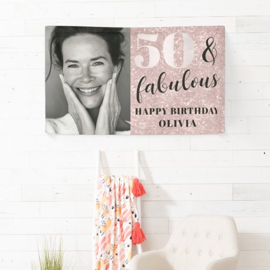 50と素晴らしいシックなピンクグリッター&フォト誕生日 横断幕 (インサイチュ)