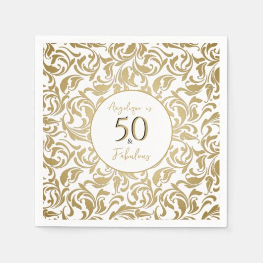 50と素晴らしいシックカスタマイズな金ゴールドフローラルパターン スタンダードカクテルナプキン (正面)