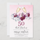 50と素晴らしいシャンパングラスフローラ誕生日 招待状 (正面)