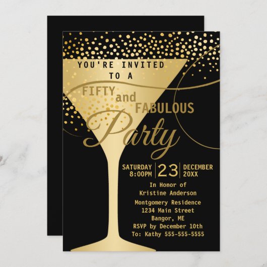 50と素晴らしいシャンパングラス誕生日パーティー 招待状 (正面/裏面)