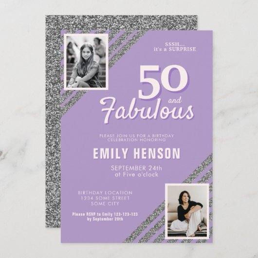 50と素晴らしいシルバーグリッター2フォト誕生日 招待状 (正面/裏面)