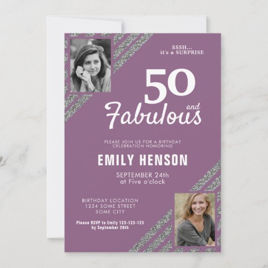 50と素晴らしいシルバーグリッター2フォト誕生日 招待状 (正面)