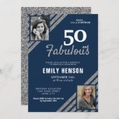 50と素晴らしいシルバーグリッター2フォト誕生日 招待状 (正面/裏面)