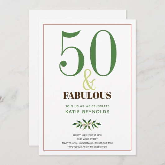 50と素晴らしいシンプル誕生日 招待状 (正面/裏面)