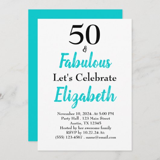 50と素晴らしいターコイズブルー誕生日 招待状 (正面/裏面)
