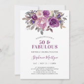 50と素晴らしいダスティマウブパープルフローラ誕生日 招待状 (正面)