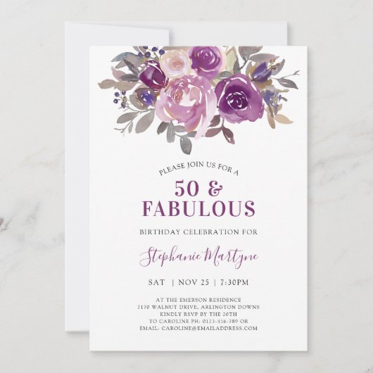 50と素晴らしいダスティマウブパープルフローラ誕生日 招待状 (正面)