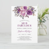 50と素晴らしいダスティマウブパープルフローラ誕生日 招待状 (スタンド正面)