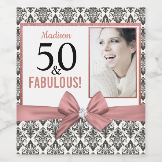 50と素晴らしいダマスクと弓の誕生日パーティー ワインラベル (シングルラベル)