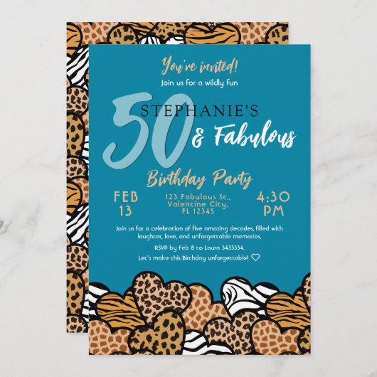 50と素晴らしいティール(緑がかった色)ワイルドハート5誕生日 招待状 (正面/裏面)