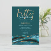50と素晴らしいティール（緑がかった色）金ゴールドアゲート50th誕生日インヴィ 招待状 (スタンド正面)