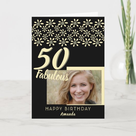 50と素晴らしいデイジーフラワーウォーター色ブラックフォト カード (正面)