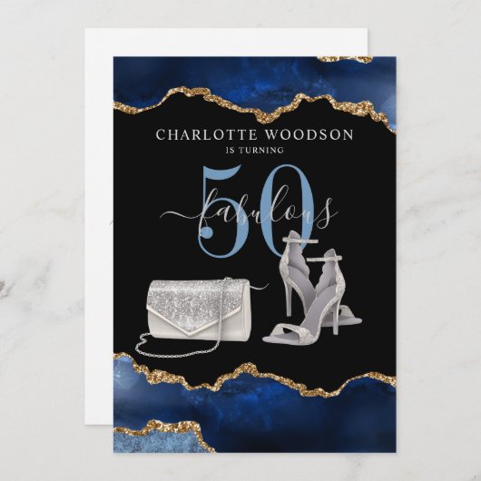 50と素晴らしいネイビーブラック金ゴールドアガテ招待状 招待状 (正面/裏面)